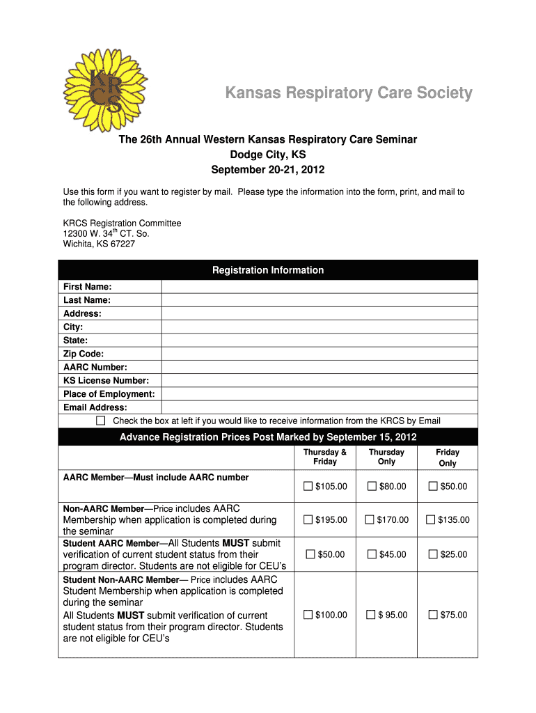 Fillable Online krcs 2012 Western KS Kansas Respiratory Care Society