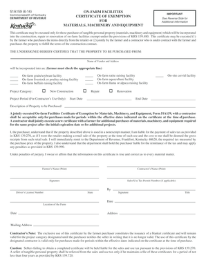 Kentucky On-Farm Facilities Certificate of Exemption
