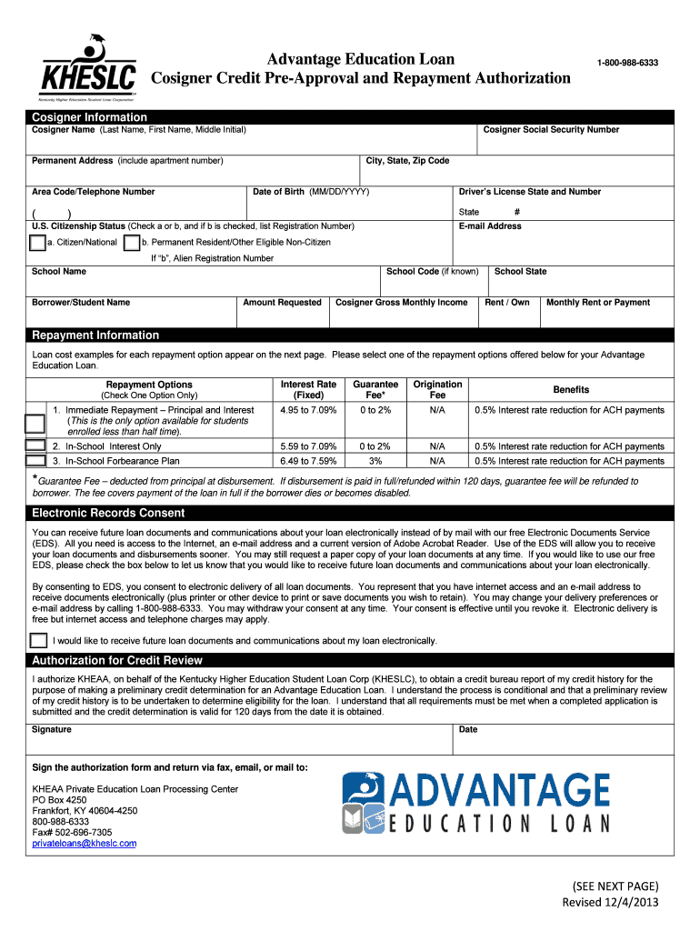 Advantage Education Loan Cosigner Credit Pre Approval KHEAA Fill Out Advantage education loan cosigner credit pre approval kheaa fill out