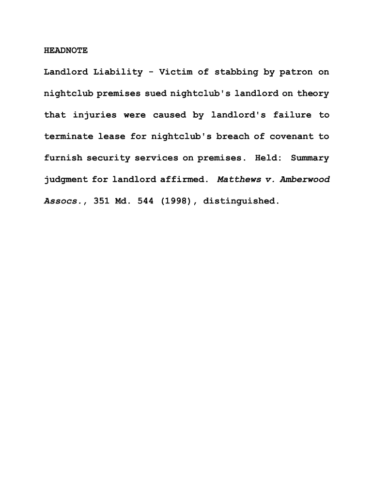 HEADNOTE Landlord Liability - Victim of stabbing - Maryland Courts Preview on Page 1