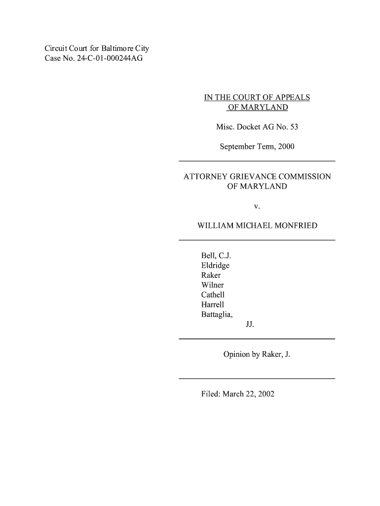 Circuit Court for Baltimore City Case No 24-C-01-000244AG IN THE - courts state md Preview on Page 1