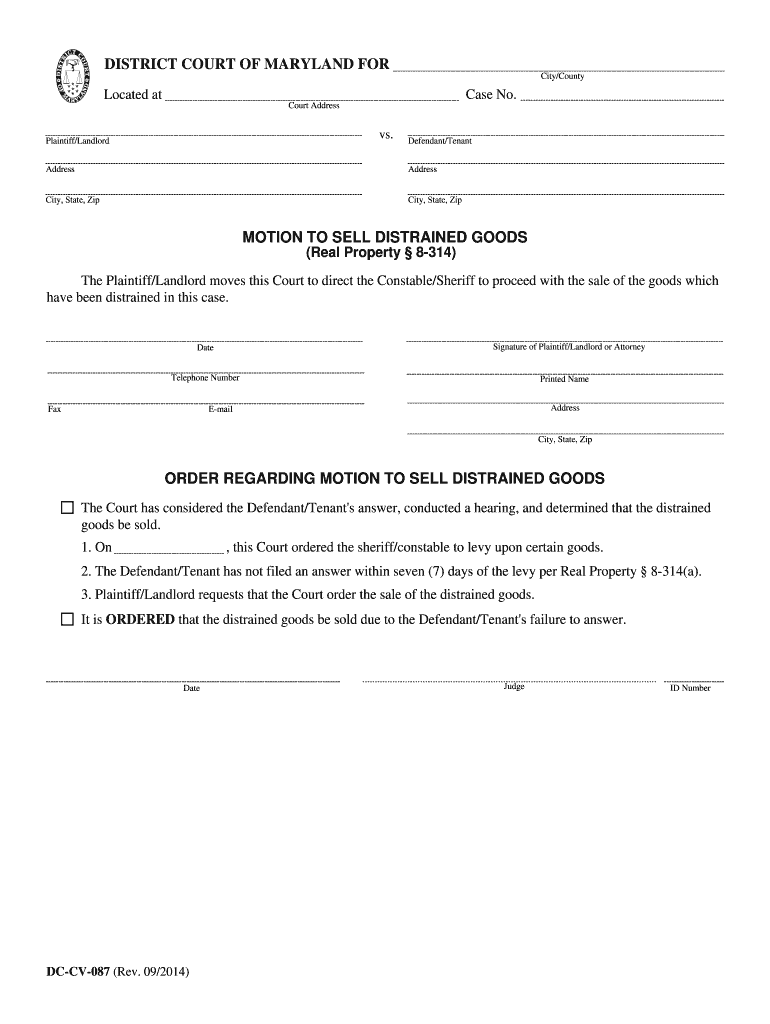 Motion to Sell Distrained Goods Order for Sale - Maryland state court Preview on Page 1
