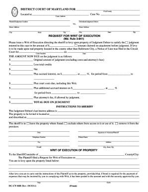 Maryland Writ of Execution Request