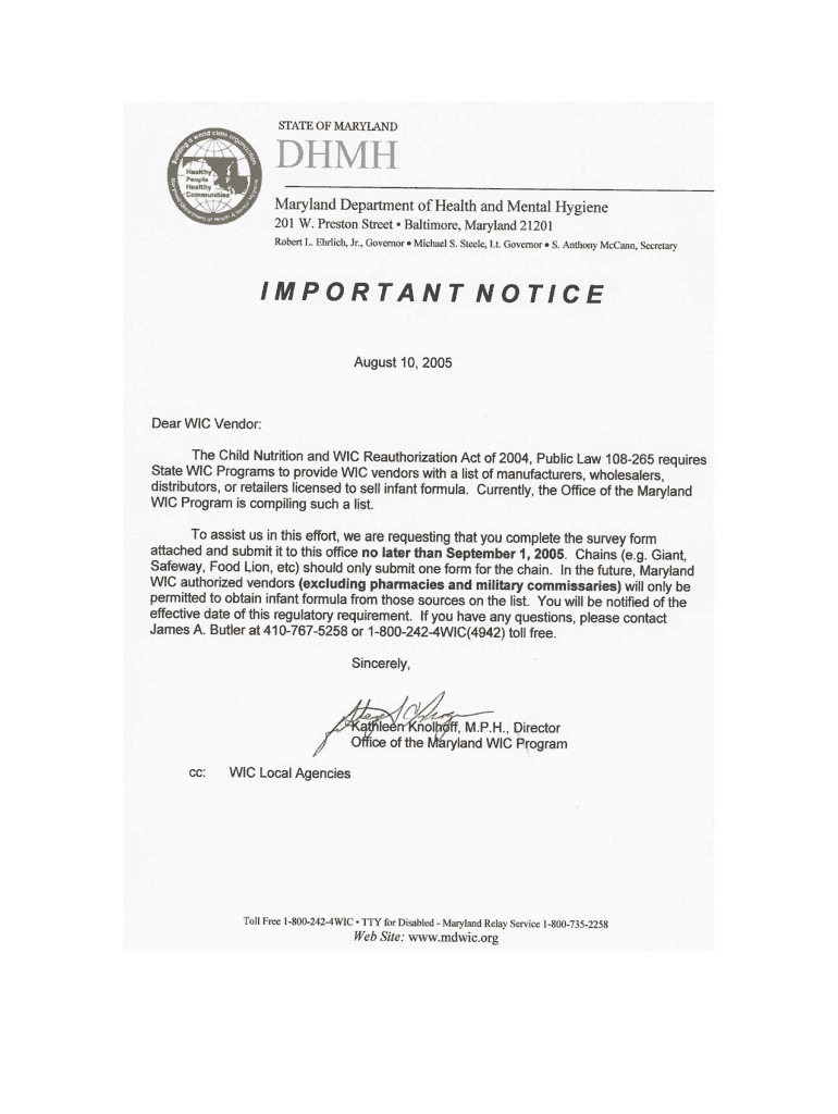 Important notice 03 Infant Formula Survey - FHA - fha dhmh maryland Preview on Page 1