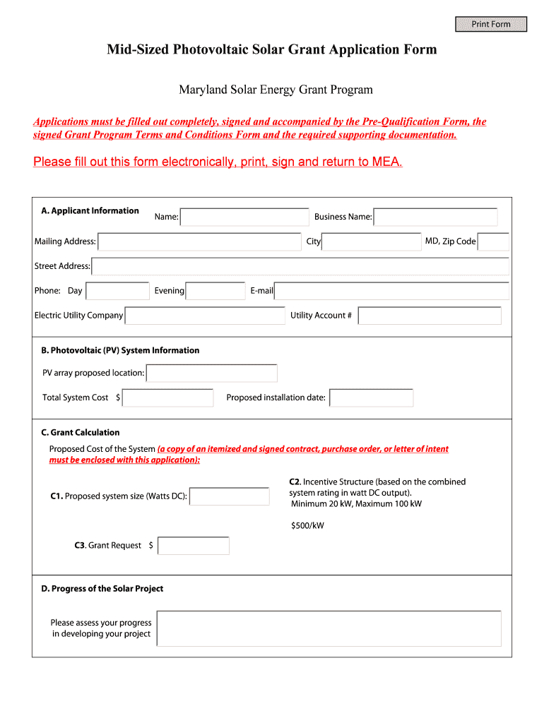 Mid-Sized Photovoltaic Solar Grant Application Form - Maryland Preview on Page 1