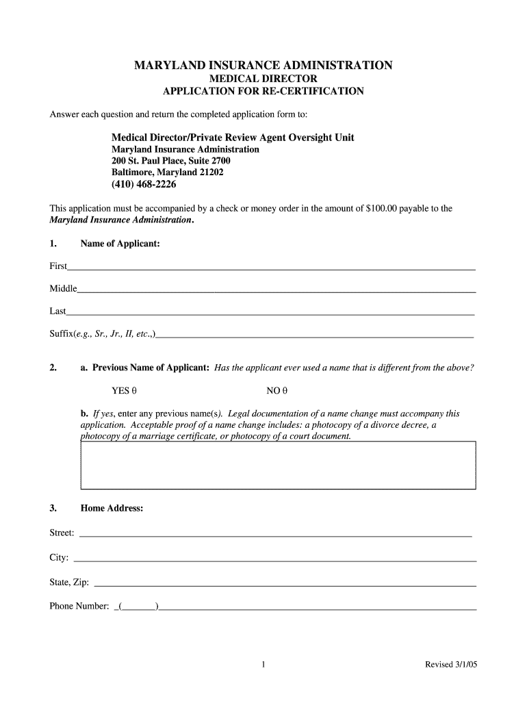Re-certification Application - Maryland Insurance Administration Preview on Page 1
