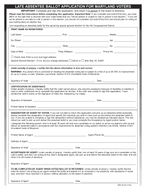 Maryland Late Absentee Ballot Application