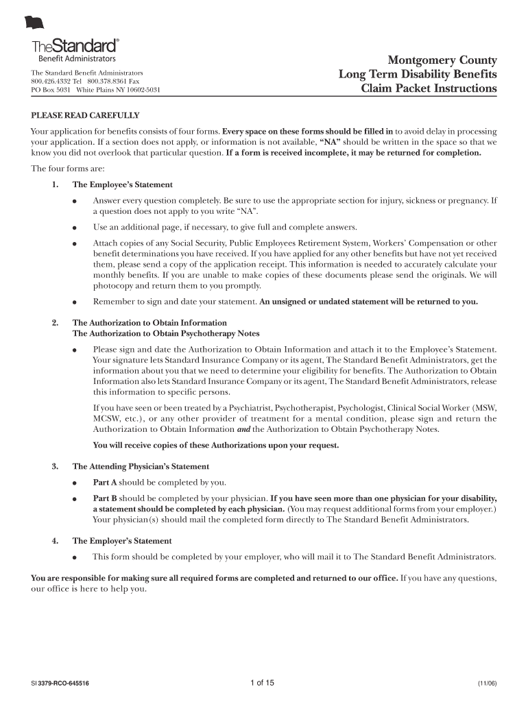 Montgomery County Long Term Disability Benefits Claim Packet Preview on Page 1