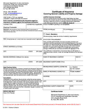 Minnesota Electrical Contractor Certificate of Insurance