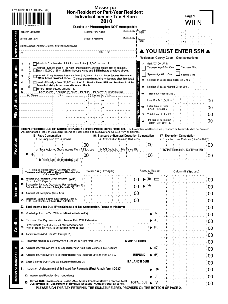 05/10) Mississippi Non-Resident or Part-Year Resident Individual Income Tax Return Page 1 2010 802051081000 Duplex or Photocopies NOT Acceptable Taxpayer First Name Spouse First Name WII N - dor ms Preview on Page 1.