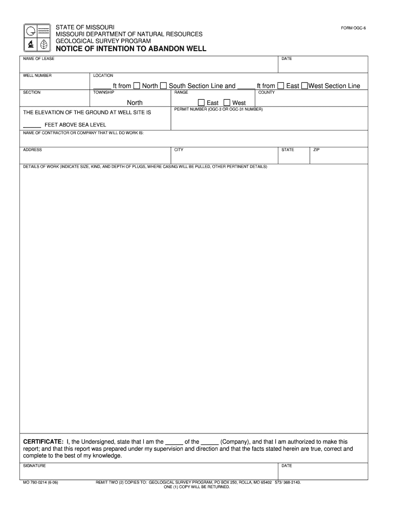 Notice of Intention to Abandon Well, Form--MO 780-0214 - Missouri Preview on Page 1