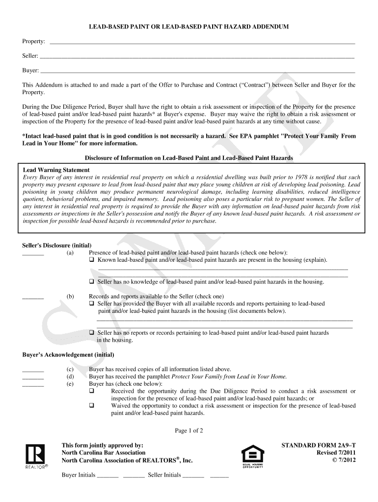 LEAD-BASED PAINT OR LEAD-BASED PAINT HAZARD ADDENDUM - ncrealtors Preview on Page 1