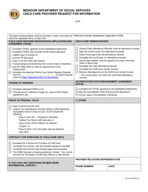 Missouri Child Care Provider Request for Information