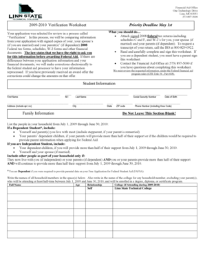 2009-2010 Verification Worksheet