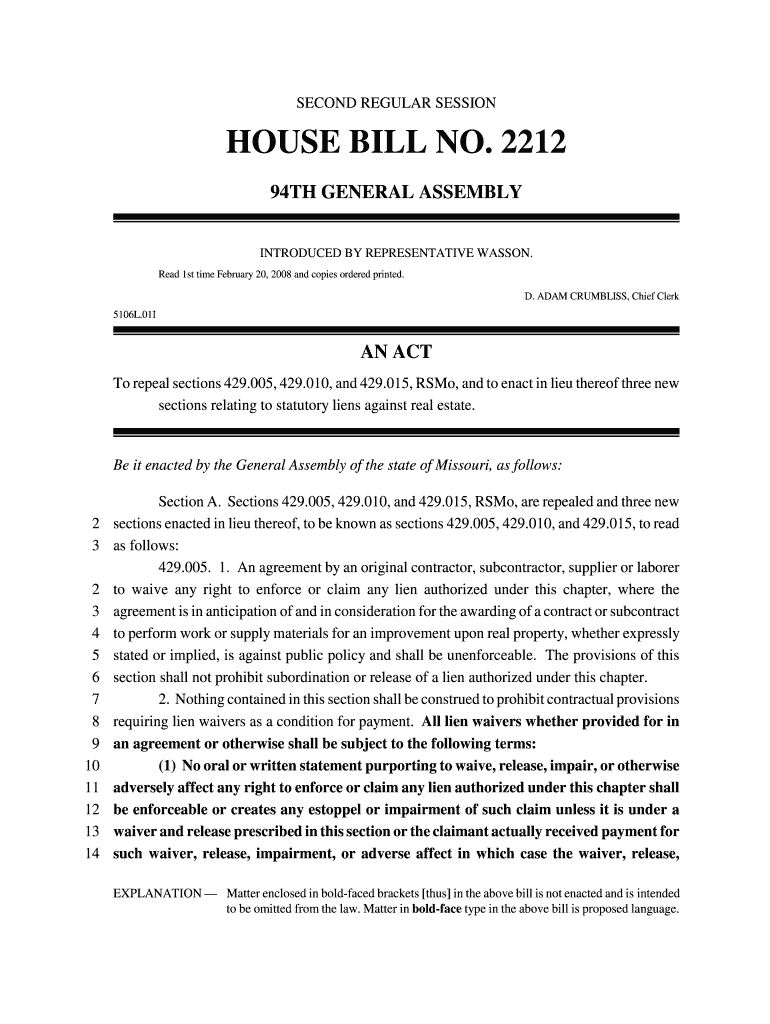2212 94TH GENERAL ASSEMBLY INTRODUCED BY REPRESENTATIVE WASSON - house mo Preview on Page 1