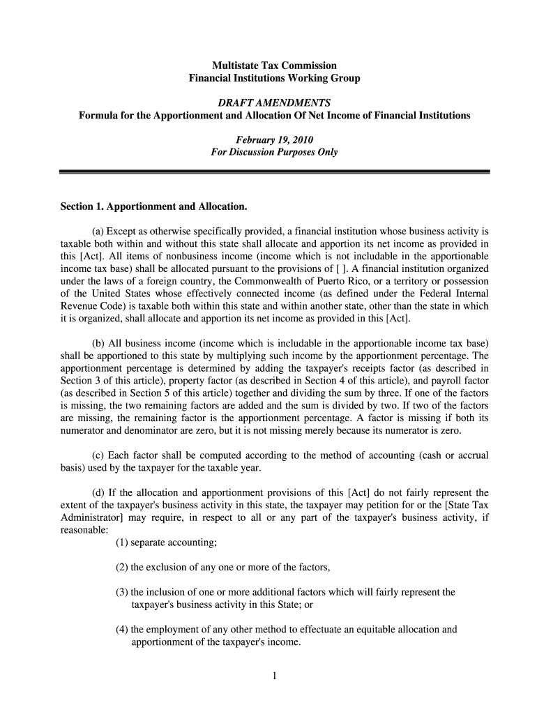 Multistate Tax Commission Financial Institutions Working Group DRAFT AMENDMENTS Formula for the Appo Preview on Page 1
