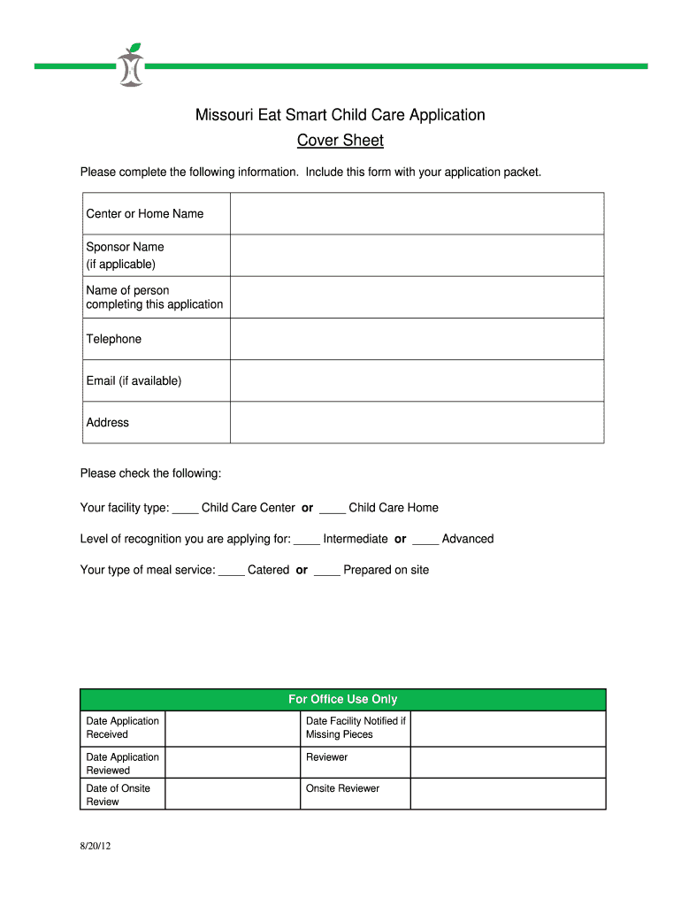 Missouri Eat Smart Child Care Application Cover Sheet - health mo Preview on Page 1