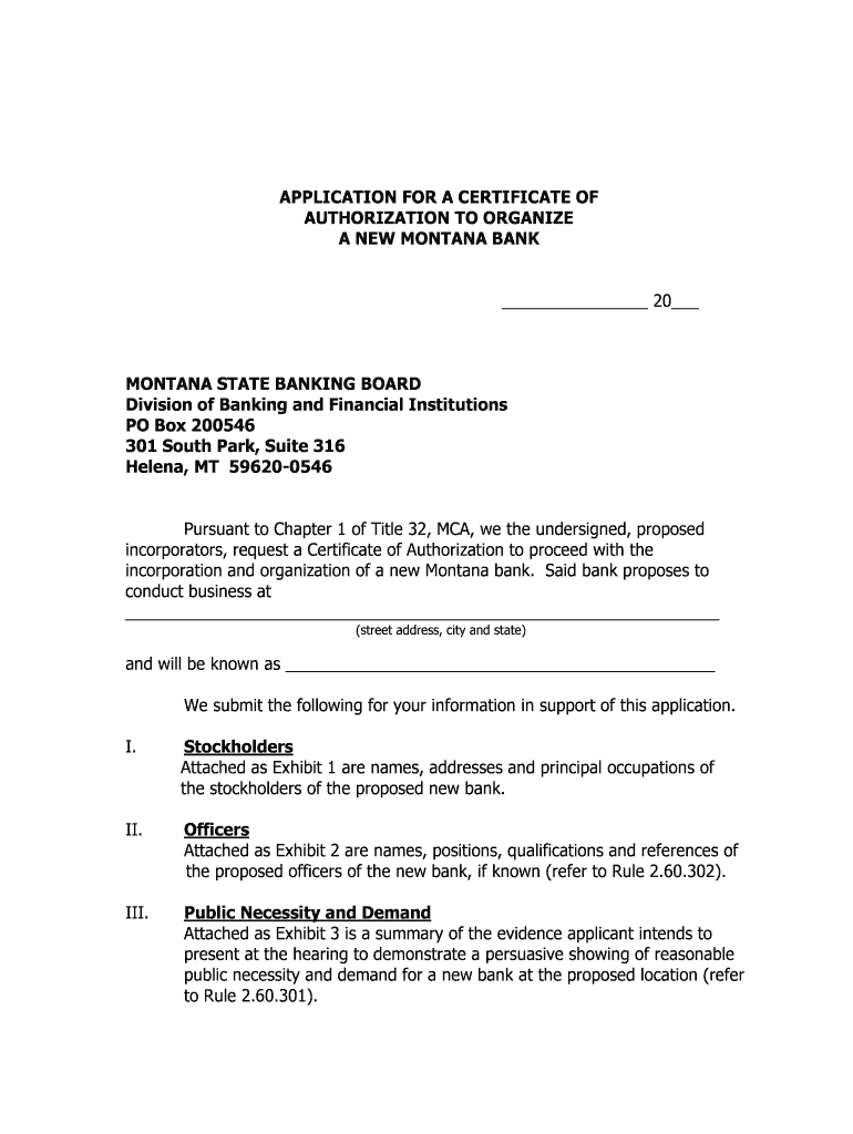 Application for new bank - Division of Banking and Financial - banking mt Preview on Page 1