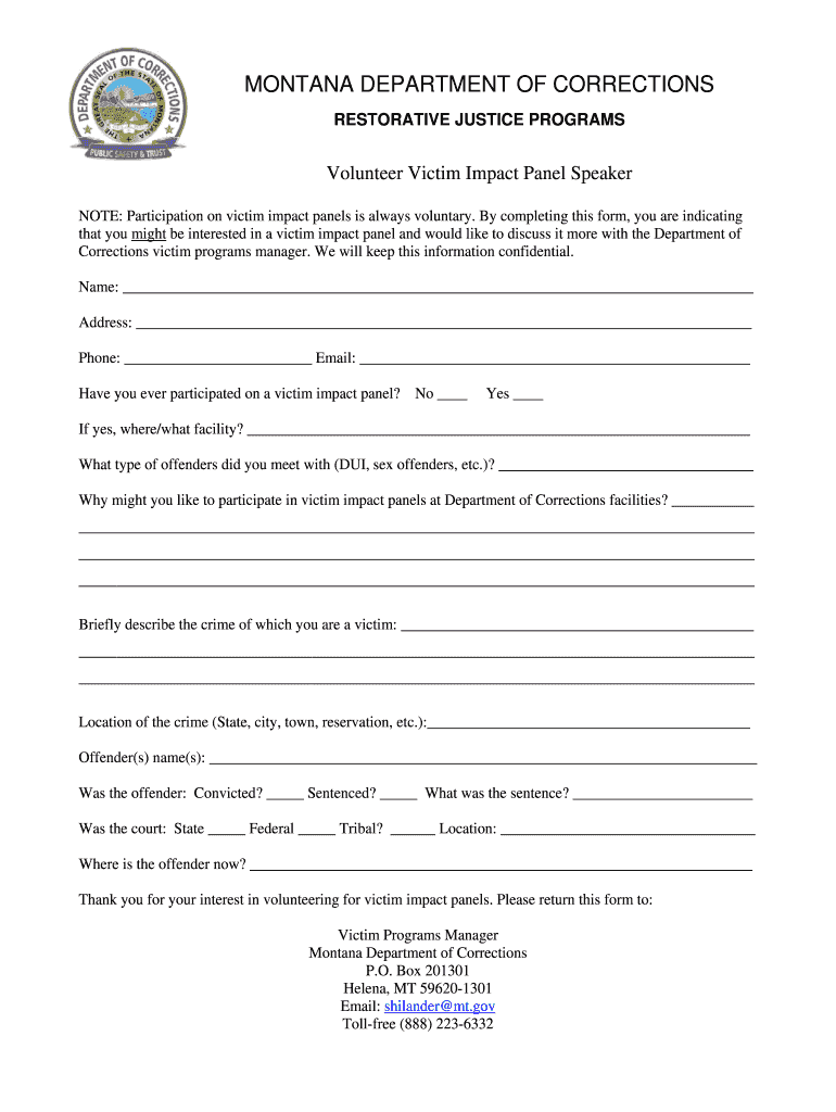 Volunteer Victim Impact Panel Speaker Forms - Montana - cor mt Preview on Page 1