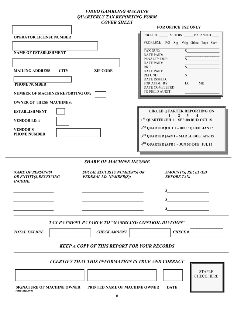 Video Gambling Machine Quarterly Tax Reporting Form 6 Preview on Page 1