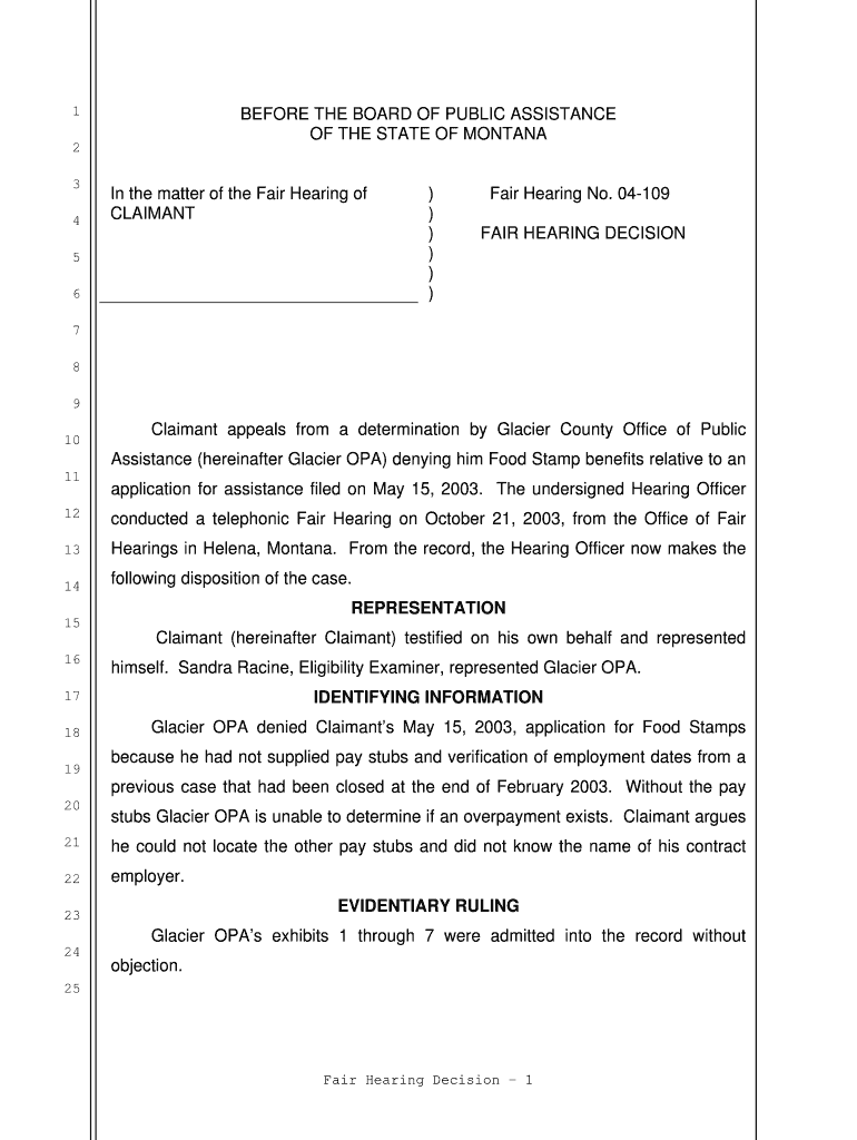 04-109 FAIR HEARING DECISION Claimant appeals from a determination by Glacier County Office of Publi Preview on Page 1