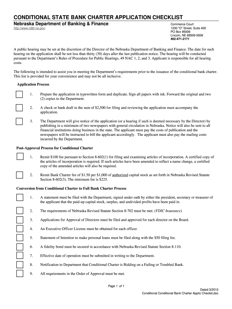 Conditional state bank charter application checklist - Nebraska Preview on Page 1