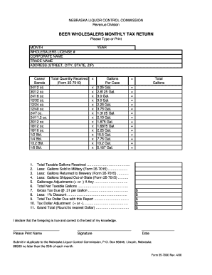Nebraska Beer Wholesalers Monthly Tax Return