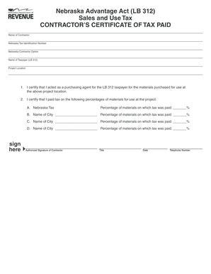 Nebraska Contractor’s Tax Paid Certificate