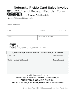 Nebraska Pickle Card Sales Invoice and Receipt Reorder Form sign - revenue ne