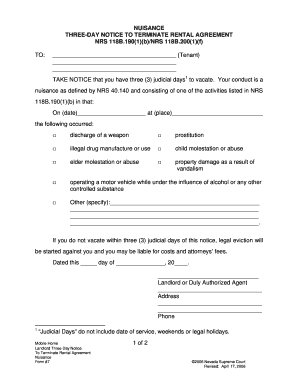 Nevada Nuisance Three-Day Notice to Terminate Rental Agreement