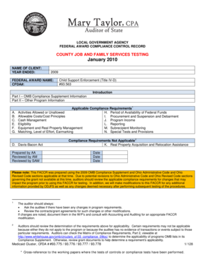 Federal Award Compliance Control Record