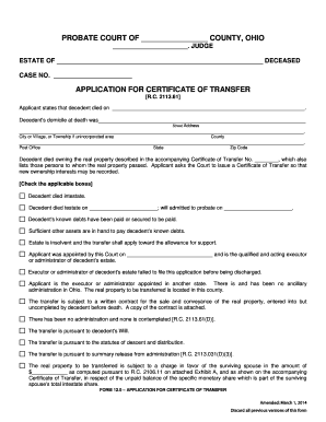 Ohio Application for Certificate of Transfer