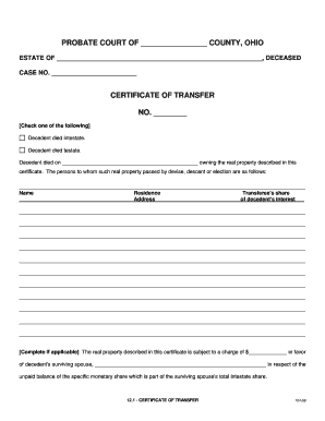 Ohio Certificate of Transfer