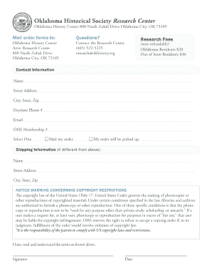 Oklahoma Historical Society Research Order Form