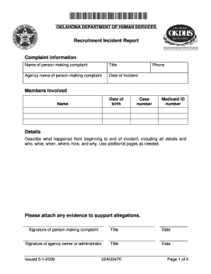 Form 02AG047E. Recruitment Incident Report - okdhs