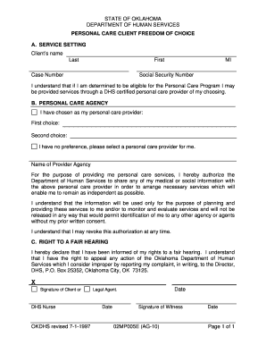 Oklahoma Personal Care Client Freedom of Choice Form