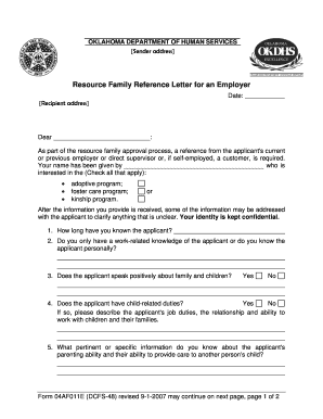 Health care reference letter - Form 04AF011E (DCFS-48). Resource Family Reference Letter for an Employer - okdhs