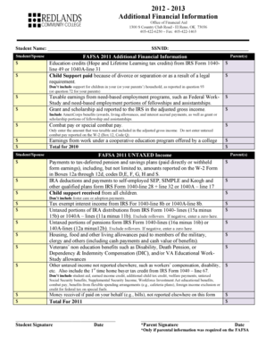 FAFSA 2011 Additional Financial Information Form