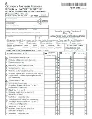 Oklahoma Amended Resident Individual Income Tax Return Form 511X