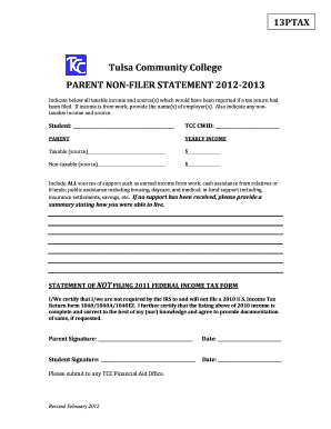 Parent Non-Filer Statement 2012-2013