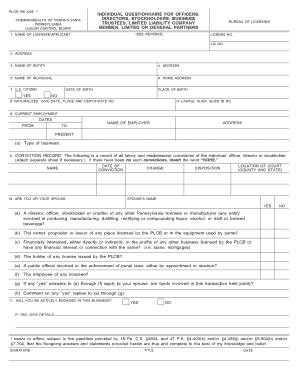 Pennsylvania Liquor Control Board Individual Questionnaire