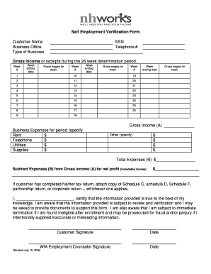 Employment verification form example - Self Employment Verification Form Customer Name ... - NH Works - nhworks