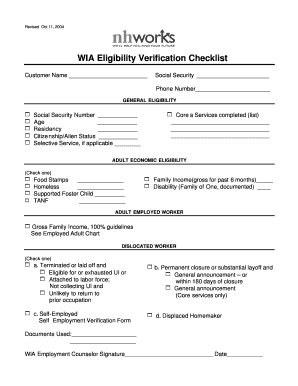 WIA Eligibility Verification Checklist