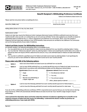 Oklahoma Benefit Recipient's Withholding Preference Certificate