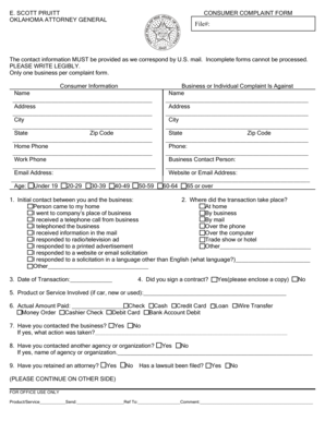 Oklahoma Consumer Complaint Form