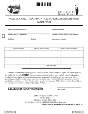 Monthly Transportation Expense Reimbursement Claim Form