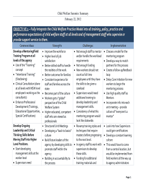 Child development record book - Child Welfare Summits: Summary. A chart ijn table form depicting objectives, common ideas, strengths, challenges, and implementation for the Child Welfare Plan. - okdhs