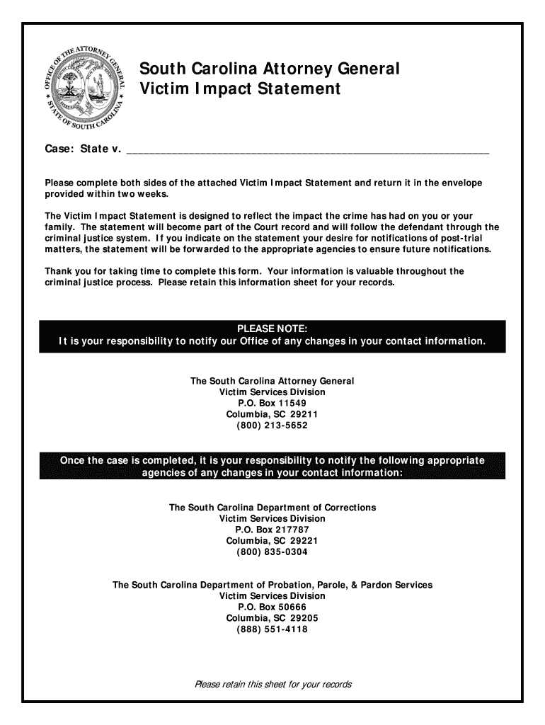 Fillable Online scag Victim Impact Statement 2 South Carolina