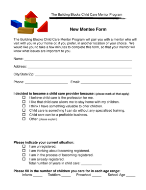 Building Blocks Child Care Mentor Program New Mentee Form