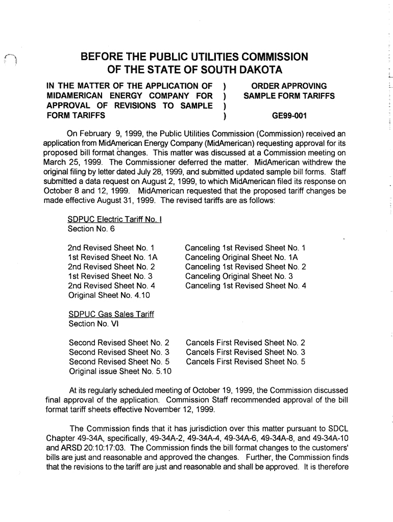 Fillable Online puc sd Order approving sample form tariffs South